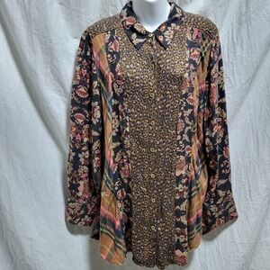 Soft Surroundings Tunic Top Womens Sz XL Multi Patchwork Floral Plaid Leopard